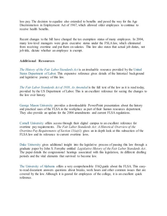 an analysis of fair labor standards act of 1938 (for contents by section, see analysis at beginning of chapter) federal “fair labor standards act of 1938” (29 usc s206(a)(1)), and, as of october 1, 2005, . an analysis of fair labor standards act of 1938 (for contents by section, see analysis at beginning of chapter) federal “fair labor standards act of 1938” (29 usc s206(a)(1)), and, as of october 1, 2005, .