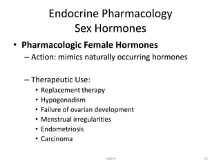 Endocrine Pharmacology
Sex Hormones
• Pharmacologic Female Hormones
– Action: mimics naturally occurring hormones
– Therap...