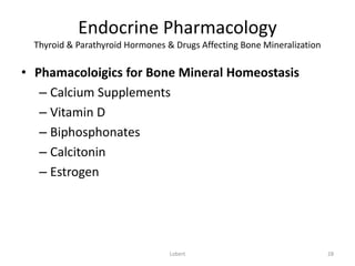 Endocrine Pharmacology
Thyroid & Parathyroid Hormones & Drugs Affecting Bone Mineralization
• Phamacoloigics for Bone Mine...