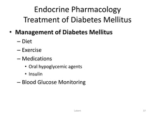 Endocrine Pharmacology
Treatment of Diabetes Mellitus
• Management of Diabetes Mellitus
– Diet
– Exercise
– Medications
• ...