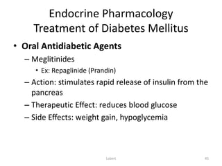 Endocrine Pharmacology
Treatment of Diabetes Mellitus
• Oral Antidiabetic Agents
– Meglitinides
• Ex: Repaglinide (Prandin...