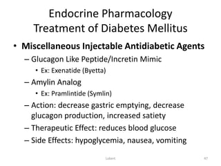 Endocrine Pharmacology
Treatment of Diabetes Mellitus
• Miscellaneous Injectable Antidiabetic Agents
– Glucagon Like Pepti...