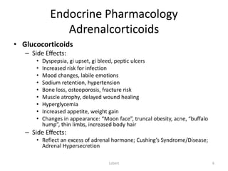 Endocrine Pharmacology
Adrenalcorticoids
• Glucocorticoids
– Side Effects:
• Dyspepsia, gi upset, gi bleed, peptic ulcers
...
