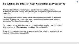 13
This task-based framework translates task-level exposure to automation,
AI adoption, and cost savings into year-by-year changes in projected labor force
productivity.
CBO’s projections of those three factors are informed by the literature whenever
possible. Analysts use those projections to calculate the year-by-year effects of
generative AI on labor force productivity.
On the basis of that analysis, the agency raised its forecast of annual TFP growth
by an average of 0.1 percentage point over the next decade.
The agency continues to update its assessment of the effects of generative AI as
new information becomes available.
Calculating the Effect of Task Automation on Productivity
 