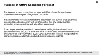 1
For more information about CBO’s forecasting methods, see Robert Arnold, How CBO Produces Its 10-Year Economic Forecast, Working Paper 2018-02 (Congressional Budget
Office, February 2018), www.cbo.gov/publication/53537.
The forecast is used primarily as an input to CBO’s 10-year federal budget
projections and analyses of legislative proposals.
It is a current-law forecast: It reflects the assumption that current laws governing
taxes and spending generally will not change but that any policy changes
scheduled under current law will take effect as planned.
For example, one tax provision in recently enacted legislation allows for the
deduction of up to $40,400 of state and local taxes in 2026. Under current law, that
amount will fall to $10,000 after 2029. CBO’s current-law forecast incorporates the
economic responses to that scheduled decline beginning in 2030.
Purpose of CBO’s Economic Forecast
 
