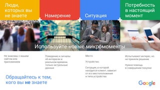 + +
Люди,
которых вы
не знаете
Не знакомы с вашим
сайтом или
приложением
Поведение и сигналы
об интересах в
реальном времени,
только актуальные
данные
Место
Устройство
Ситуация, в которой
находится клиент, зависит
от его местоположения
и типа устройства
Испытывают интерес, но
не приняли решение
Нужна помощь
в совершении покупки
Намерение Ситуация
Потребность
в настоящий
момент
+ + +
Обращайтесь к тем,
кого вы не знаете
Используйте новые микромоменты
 