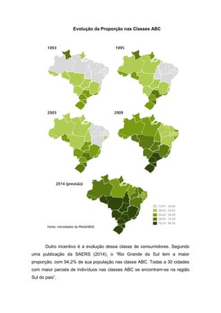 Evolução da Proporção nas Classes ABC
Outro incentivo é a evolução dessa classe de consumidores. Segundo
uma publicação da SAERS (2014), o “Rio Grande do Sul tem a maior
proporção, com 94,2% de sua população nas classe ABC. Todas a 30 cidades
com maior parcela de indivíduos nas classes ABC se encontram-se na região
Sul do pais”.
 