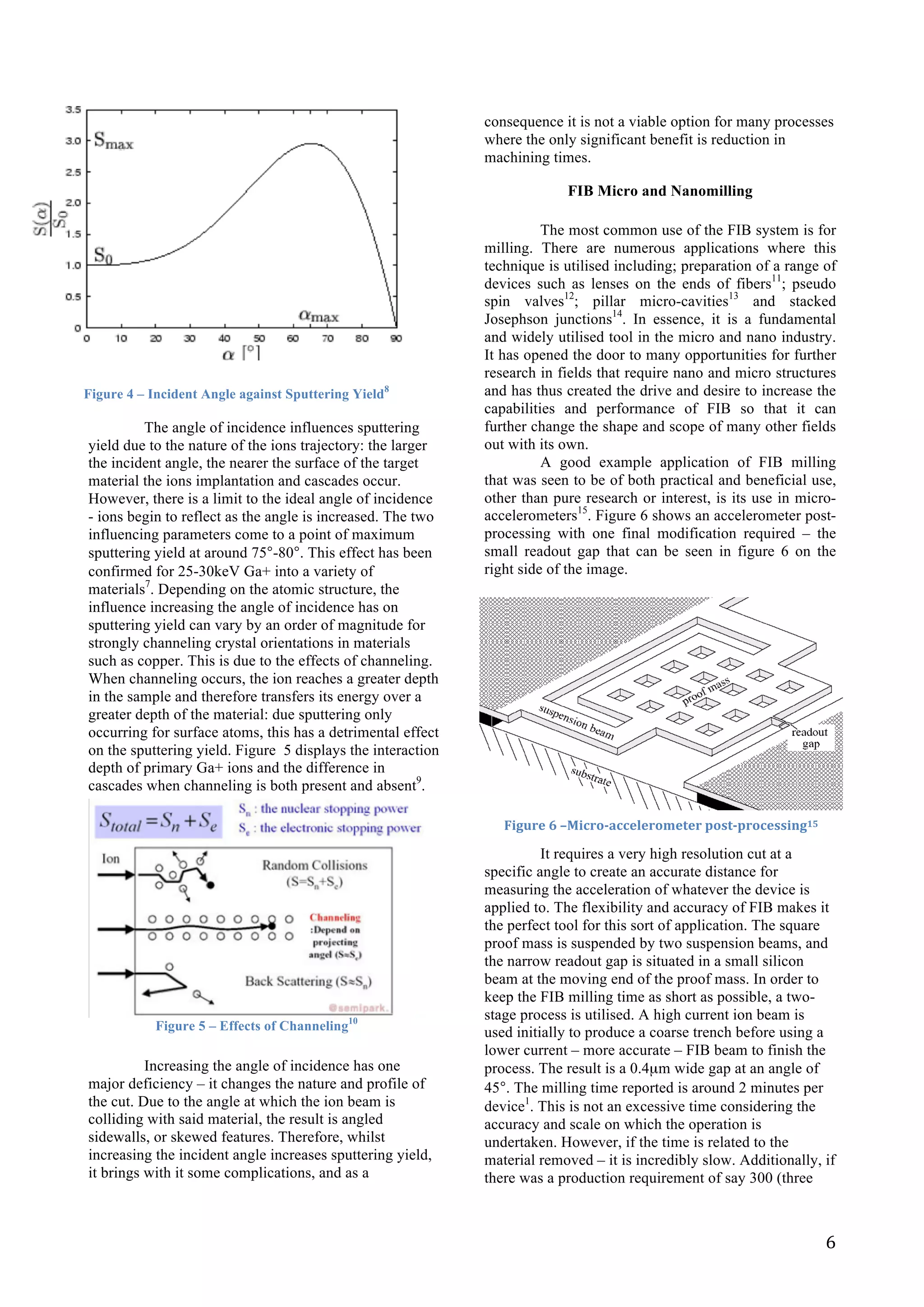   6	
  
	
  
	
  
	
  
	
  
	
  
	
  
	
  
	
  
	
  
	
  
	
  
	
  
	
  
	
  
The angle of incidence influences sputtering
yield due to the nature of the ions trajectory: the larger
the incident angle, the nearer the surface of the target
material the ions implantation and cascades occur.
However, there is a limit to the ideal angle of incidence
- ions begin to reflect as the angle is increased. The two
influencing parameters come to a point of maximum
sputtering yield at around 75°-80°. This effect has been
confirmed for 25-30keV Ga+ into a variety of
materials7
. Depending on the atomic structure, the
influence increasing the angle of incidence has on
sputtering yield can vary by an order of magnitude for
strongly channeling crystal orientations in materials
such as copper. This is due to the effects of channeling.
When channeling occurs, the ion reaches a greater depth
in the sample and therefore transfers its energy over a
greater depth of the material: due sputtering only
occurring for surface atoms, this has a detrimental effect
on the sputtering yield. Figure 5 displays the interaction
depth of primary Ga+ ions and the difference in
cascades when channeling is both present and absent9
.	
  
	
  
	
  
	
  
	
  
	
  
	
  
	
  
	
  
	
  
	
  
	
  
	
  
Increasing the angle of incidence has one
major deficiency – it changes the nature and profile of
the cut. Due to the angle at which the ion beam is
colliding with said material, the result is angled
sidewalls, or skewed features. Therefore, whilst
increasing the incident angle increases sputtering yield,
it brings with it some complications, and as a
consequence it is not a viable option for many processes
where the only significant benefit is reduction in
machining times.	
  
FIB Micro and Nanomilling
The most common use of the FIB system is for
milling. There are numerous applications where this
technique is utilised including; preparation of a range of
devices such as lenses on the ends of fibers11
; pseudo
spin valves12
; pillar micro-cavities13
and stacked
Josephson junctions14
. In essence, it is a fundamental
and widely utilised tool in the micro and nano industry.
It has opened the door to many opportunities for further
research in fields that require nano and micro structures
and has thus created the drive and desire to increase the
capabilities and performance of FIB so that it can
further change the shape and scope of many other fields
out with its own.
A good example application of FIB milling
that was seen to be of both practical and beneficial use,
other than pure research or interest, is its use in micro-
accelerometers15
. Figure 6 shows an accelerometer post-
processing with one final modification required – the
small readout gap that can be seen in figure 6 on the
right side of the image.
It requires a very high resolution cut at a
specific angle to create an accurate distance for
measuring the acceleration of whatever the device is
applied to. The flexibility and accuracy of FIB makes it
the perfect tool for this sort of application. The square
proof mass is suspended by two suspension beams, and
the narrow readout gap is situated in a small silicon
beam at the moving end of the proof mass. In order to
keep the FIB milling time as short as possible, a two-
stage process is utilised. A high current ion beam is
used initially to produce a coarse trench before using a
lower current – more accurate – FIB beam to finish the
process. The result is a 0.4µm wide gap at an angle of
45°. The milling time reported is around 2 minutes per
device1
. This is not an excessive time considering the
accuracy and scale on which the operation is
undertaken. However, if the time is related to the
material removed – it is incredibly slow. Additionally, if
there was a production requirement of say 300 (three
Figure 4 – Incident Angle against Sputtering Yield8
Figure 5 – Effects of Channeling10
Figure	
  6	
  –Micro-­accelerometer	
  post-­processing15	
  
 