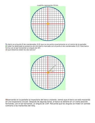 cuadrito representa 10 km.

Tu barco es el punto O de coordenadas (0,0) que se encuentra exactamente en el centro de la pantalla.
El radar ha detectado la presencia de otro barco marcado con el punto A de coordenadas (3,3). Este barco
forma con el eje horizontal un ángulo de 45º.
¿A que distancia están los dos barcos?

Observando en la pantalla la trayectoria del barco visitante, vemos que el barco se está moviendo
en una trayectoria circular. Después de algunas horas, el barco se detiene en un cierta posición
formando, con el eje horizontal, un ángulo de 135º. Recuerda que los ángulos se miden en sentido
contrario a las manecillas del reloj.

 