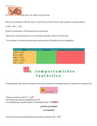 (-1) + 2 = 1

El

pez está a 1m. sobre el nivel del mar.

Un buzo se encuentra a 100 mts. bajo el nivel del mar y baja 50 metros más ¿donde se encuentra ahora?.
(-100) – (50) = - 150

El buzo se encuentra a 150 metros bajo el nivel del mar.
Aquí tienes varias operaciones; di si el resultado está sobre o bajo el nivel del mar.
Haz un dibujo e inventa una historia para cada operación. Discútelas con tus compañeros.

Suma
(-345) + (123)
(873) + (895)
(408) + (-576)
(-296) + (-456)
(591) –(-483)

Resultado

Esta bajo o sobre el nivel del mar

n .. c o m p o r t a m i e n t o
fantástico
Te proponemos aquí varias actividades en las que tú tendrás que investigar porque los números se comportan así.

ctividad 1
un número entre el 1 y el 9
2 El número que pensaste multiplícalo por 9
3 El resultado que te quedó del paso (2) multiplícalo por 12345679
1 Piensa

¿Cuál fue el resultado?
¿te sorprende?

Ahora haz este mismo procedimiento para todos los números del 1 al 9.

 