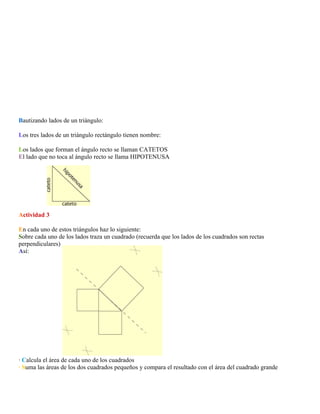 Bautizando lados de un triángulo:
Los tres lados de un triángulo rectángulo tienen nombre:
Los lados que forman el ángulo recto se llaman CATETOS
El lado que no toca al ángulo recto se llama HIPOTENUSA

Actividad 3
En cada uno de estos triángulos haz lo siguiente:
Sobre cada uno de los lados traza un cuadrado (recuerda que los lados de los cuadrados son rectas
perpendiculares)
Así:

· Calcula el área de cada uno de los cuadrados
· Suma las áreas de los dos cuadrados pequeños y compara el resultado con el área del cuadrado grande

 