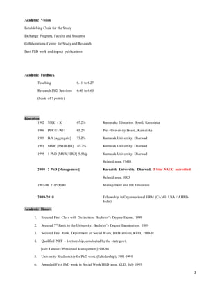 3
Academic Vision
Establishing Chair for the Study
Exchange Program, Faculty and Students
Collaborations Centre for Study and Research
Best PhD work and impact publications
Academic Feedback
Teaching 6.11 to 6.27
Research PhD Sessions 6.40 to 6.60
(Scale of 7 points)
Education
1982 SSLC / X 67.2% Karnataka Education Board, Karnataka
1986 PUC-11/X11 65.2% Pre –University Board, Karnataka
1989 B.A [aggregate] 73.2% Karnatak University, Dharwad
1991 MSW [PMIR-HR] 65.2% Karnatak University, Dharwad
1995 1 PhD [MSW/HRD] S.Ship Karnatak University, Dharwad
Related area: PMIR
2008 2 PhD [Management] Karnatak University, Dharwad, 5 Star NACC accredited
Related area: HRD
1997-98 FDP-XLRI Management and HR Education
2009-2010 Fellowship in Organisational HRM (CAMI- USA / AHRB-
India)
Academic Honors
1. Secured First Class with Distinction, Bachelor’s Degree Exams, 1989
2. Secured 7th Rank to the University, Bachelor’s Degree Examination, 1989
3. Secured First Rank, Department of Social Work, HRD stream, KUD, 1989-91
4. Qualified NET – Lectureship, conducted by the state govt.
[sub: Labour / Personnel Management]1993-94
5. University Studentship for PhD work (Scholarship), 1991-1994
6. Awarded First PhD work in Social Work/HRD area, KUD, July 1995
 