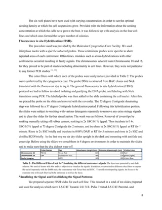 8
The six-well plates have been used with varying concentrations in order to see the optimal
seeding density at which the cell suspensions grow. Provided with the information about the seeding
concentration at which the cells have grown the best, it was followed up with analysis on the four cell
lines and which ones formed the largest number of colonies.
Fluorescence in situ Hybridization (FISH)-
The procedure used was provided by the Molecular Cytogenetics Core Facility. We used
interphase nuclei with a specific subset of probes. These centromere probes were specific to short,
repeated areas of each centromere. Often times, mistakes such as cross-hybridizations with other
centromeres occurred resulting in faulty signals. The chromosomes selected were Chromosome 18 and 16,
for they proved to be part of studies including abnormality in cell lines. However, they were not particular
to any former PCB studies [12, 13]
.
The color filters with which each of the probes were analyzed are provided in Table 2. The probes
were synthetized by the cytogenetics core. The probe DNA is extracted from BAC clones and Nick
translated with the fluorescent dye to tag it. The general fluorescence in situ hybridization (FISH)
protocol we had to follow involved isolating and purifying the DNA probe, and labeling with Nick
translation using PCR. The labeled probe was then added to the slide containing the cell nuclei. After this,
we placed the probe on the slide and covered with the coverslip. The 75 degree Centigrade denaturing
step was followed by a 37 degree Centigrade hybridization period. Following this hybridization portion,
the slides were subject to washing with various detergents repeatedly to remove any extra stringy signals
and to clear the slides for further visualization. The wash was as follows: Removal of coverslips by
soaking manually taking off rubber cement, soaking in 2x SSC/0.1% Igepal. Then incubate in 0.4x
SSC/0.3% Igepal at 73 degree Centigrade for 2 minutes, and incubate in 2x SSC/0.1% Igepal at RT for 1
minute. Rinse in 2x SSC briefly and incubate in 0.08% DAPI at RT for 5 minutes and rinse in 2x SSC and
distilled H2O briefly. In the last step we air dry slides upright in the dark and mounting with antifade and
coverslip. Before using the slides we stored them in 4 degree environments in order to maintain the slides
and to make sure that the dye did not wear off.
Visualizing the Signal and Establishing the Signal Patterns-
We prepared separate FISH slides for each cell line. This resulted in a total of ten slides prepared
and used for analysis which were: LS174T Treated, LS174T- Pulse Treated, LS174T Parental, and
Probe Names Dye Absorbance Length (nm) Emission Wavelength (nm) Visible Color
Chromosome 16 PSE 16 Texas Red 615 615 Red
Chromosome 18 LI84 Fluorescein FITC 495 518 green (light)
Nuclei Imaging DAPI 345 455 Violet Blue
Table 2 - The Different Filters Used for Visualizing the different centromere signals. The dyes were protected by anti-fade
solution. We used oil lenses with 40x and 63x objective to visualize the signals. In addition, we switched to different color filters to capture
the nuclei separately with the DAPI stain, the centromeres with Texas Red and FITC. To avoid misinterpreting signals, the focus of the
exposure time with each filter had to be optimized as well as the focus.
 