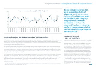 Securing workspaces for tomorrow | Examining risks when designing the workspace for tomorrow
Venturing into cyber workspaces and risks of social networking
Professional social networking platforms such as LinkedIn have gained substantial traction in the past years, allowing individuals to connect,
interact, discuss and share useful insights on topics related to their work. Today, a considerable number of workers spend their time
networking and developing online professional relationships in these cyber workspaces. LinkedIn reported a subscriber base of 450 million
members in 2014, translating to a growth of 138%.10
The chart above measures the interest levels of users worldwide based on Google searches for ‘LinkedIn Spam’ using a technique by the
Department of ICT, the University of A Coruña, to indicate the amount of spam received by LinkedIn subscribers.11
The growing popularity
of the platform is attracting an increase of attackers viewing LinkedIn as a new and effective attacking ground. In the past two years, there
has been a growing number of fraudulent LinkedIn accounts impersonating as a professional or recruiter to reach out to senior executives,
leading the victim to click or open a malicious file.
Social networking sites also pose an additional risk of divulging sensitive personal information of workers, such as birthdates, the company
they work for, and email addresses, which can be used by the cyber criminal to perform reconnaissance in the process of launching a
targeted phishing attack. The sites can expose users to cyber bullying or cyber stalking, adversely affecting employee morale and making
them potential victims of online harassment. Social media can also serve as a platform to highlight possible insider threats – such as
disgruntled employees sharing links on the platform from a cloud file-sharing site, such as Dropbox that generally stores classified
corporate information.
Interest over time - Searches for 'LinkedIn Spam'
Social networking sites also
pose an additional risk of
divulging sensitive personal
information of workers, such
as birthdates, the company
they work for, and email
addresses, which can be
used by the cyber criminal to
perform reconnaissance in the
process of launching a targeted
phishing attack.
Motivations to attack
– easy and high returns
Unlike the past, cyber attacks today can be done easily using ready-
made attacking kits or ‘as-a-service’ option. With the emergence of
distributed denial of service (DDoS)-for-hire services, the barriers
to entry for an attacker are non-existent with the possibility to
anonymously attack a target they desire for a small cost. Ransom-
DDoS campaigns have been hugely successful as a ‘viable business’
– where attackers first create fear by sending an email threatening
the victim with a DDoS attack unless a ransom is paid. Attackers
are also developing techniques that specifically target businesses,
resulting in the risk of downtime and consumers not being able to
access online services. Likewise, their employees who depend on
online systems will not be able to conduct critical tasks. Another
popular technique is ransomware; threat researchers have seen
a 3,500% increase in the criminal use of net infrastructure to run
ransomware campaigns.12
There are more than 120 separate families
of ransomware, posing significant inconvenience and productivity
loss to employees who are unable to access their files unless they
pay the ransom.
0313
100
60
20
80
40
0
2014/07/06
2014/11/06
2014/09/06
2015/01/06
2015/09/06
2015/05/06
2016/01/06
2015/03/06
2015/11/06
2015/07/06
2016/03/06
2016/05/06
2014/08/06
2014/12/06
2014/10/06
2015/02/06
2015/10/06
2015/06/06
2016/02/06
2015/04/06
2015/12/06
2015/08/06
2016/04/06
2016/06/06
10
‘SEC Filings’, Investors.Linkedin.com, 11
‘Detecting LinkedIn Spammers and its Spam Nets’ International Journal of Advanced Computer Science and Applications (IJACSA), 2013
12
www.bbc.com, ‘”Alarming” rise in ransomware tracked’ June 7, 2016
 