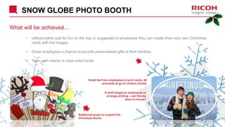 SNOW GLOBE PHOTO BOOTH
What will be achieved…
• Utilised either just for fun on the day or suggested to employees they can create their very own Christmas
cards with the images.
• Gives employees a chance to provide personalised gifts to their families.
• Team with charity to raise extra funds.
E-mail images to employees or
arrange printing – can this be
done in-house?
Small fee from employees to print cards. All
proceeds to go to chosen charity.
Additional props to support the
Christmas theme.
 