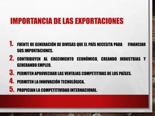 IMPORTANCIA DE LAS EXPORTACIONES
1. FUENTE DE GENERACIÓN DE DIVISAS QUE EL PAÍS NECESITA PARA FINANCIAR
SUS IMPORTACIONES.
2. CONTRIBUYEN AL CRECIMIENTO ECONÓMICO, CREANDO INDUSTRIAS Y
GENERANDO EMPLEO.
3. PERMITEN APROVECHAR LAS VENTAJAS COMPETITIVAS DE LOS PAÍSES.
4. PERMITEN LA INNOVACIÓN TECNOLÓGICA.
5. PROPICIAN LA COMPETITIVIDAD INTERNACIONAL.
 