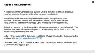 35
In keeping with the Congressional Budget Office’s mandate to provide objective,
impartial analysis, the document makes no recommendations.
David Adler and Ron Gecan prepared the document, with guidance from
Nicholas Chase and Joseph Kile. Ann Futrell, Aaron Krupkin, Alaina Rhee,
Molly Sherlock, and Heidi Williams (a CBO contractor) offered comments.
Catherine Hausman of the University of Michigan commented on an earlier draft. The
assistance of external reviewers implies no responsibility for the final product; that
responsibility rests solely with CBO.
Jeffrey Kling reviewed the document, and Gabe Waggoner edited it. The document is
available at www.cbo.gov/publication/62705.
CBO seeks feedback to make its work as useful as possible. Please send comments
to communications@cbo.gov.
About This Document
 