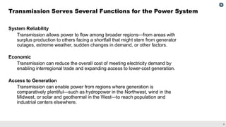 6
System Reliability
Transmission allows power to flow among broader regions—from areas with
surplus production to others facing a shortfall that might stem from generator
outages, extreme weather, sudden changes in demand, or other factors.
Economic
Transmission can reduce the overall cost of meeting electricity demand by
enabling interregional trade and expanding access to lower-cost generation.
Access to Generation
Transmission can enable power from regions where generation is
comparatively plentiful—such as hydropower in the Northwest, wind in the
Midwest, or solar and geothermal in the West—to reach population and
industrial centers elsewhere.
Transmission Serves Several Functions for the Power System
 