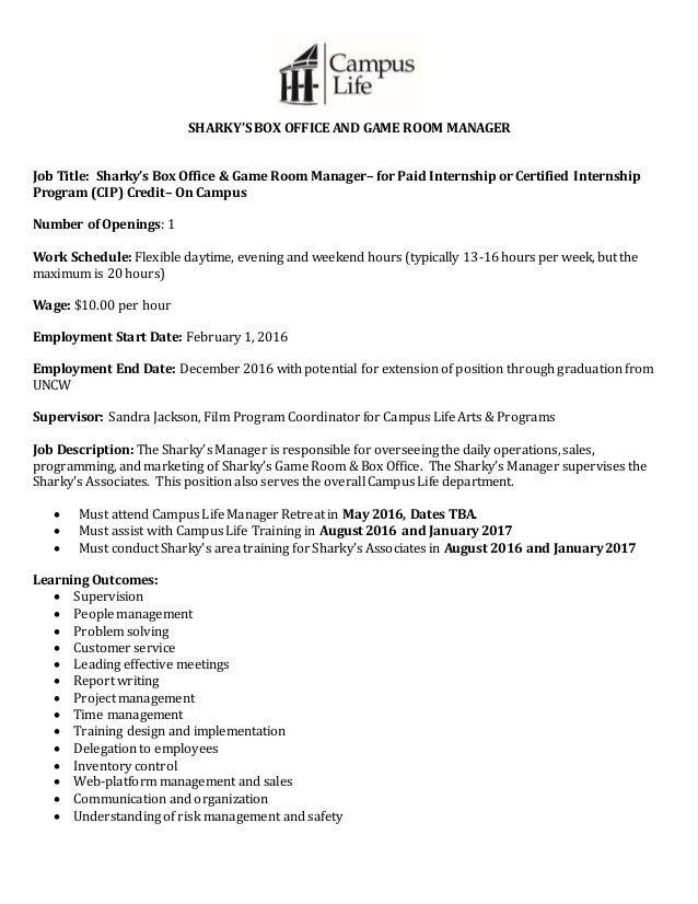 Sharky 27s Box Office Game Room Manager Job Description