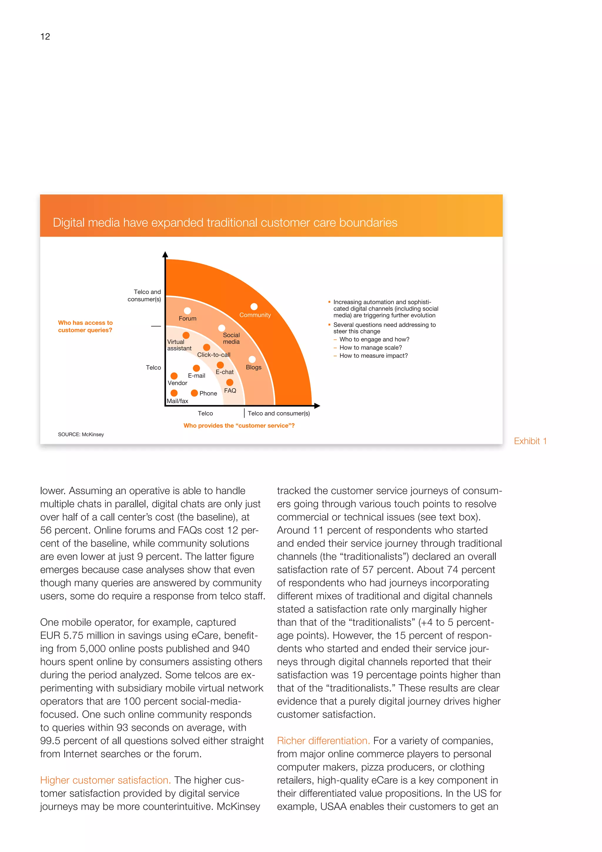 12
Digital media have expanded traditional customer care boundaries
Who has access to
customer queries?
SOURCE: McKinsey
 Increasing automation and sophisti-
cated digital channels (including social
media) are triggering further evolution
 Several questions need addressing to
steer this change
– Who to engage and how?
– How to manage scale?
– How to measure impact?
Telco Telco and consumer(s)
FAQ
Blogs
E-chat
Click-to-call
Forum
Virtual
assistant
Social
media
Community
Mail/fax
Vendor
Phone
E-mail
Telco
Telco and
consumer(s)
Who provides the “customer service”?
tracked the customer service journeys of consum-
ers going through various touch points to resolve
commercial or technical issues (see text box).
Around 11 percent of respondents who started
and ended their service journey through traditional
channels (the “traditionalists”) declared an overall
satisfaction rate of 57 percent. About 74 percent
of respondents who had journeys incorporating
different mixes of traditional and digital channels
stated a satisfaction rate only marginally higher
than that of the “traditionalists” (+4 to 5 percent-
age points). However, the 15 percent of respon-
dents who started and ended their service jour-
neys through digital channels reported that their
satisfaction was 19 percentage points higher than
that of the “traditionalists.” These results are clear
evidence that a purely digital journey drives higher
customer satisfaction.
Richer differentiation. For a variety of companies,
from major online commerce players to personal
computer makers, pizza producers, or clothing
retailers, high-quality eCare is a key component in
their differentiated value propositions. In the US for
example, USAA enables their customers to get an
lower. Assuming an operative is able to handle
multiple chats in parallel, digital chats are only just
over half of a call center’s cost (the baseline), at
56 percent. Online forums and FAQs cost 12 per-
cent of the baseline, while community solutions
are even lower at just 9 percent. The latter figure
emerges because case analyses show that even
though many queries are answered by community
users, some do require a response from telco staff.
One mobile operator, for example, captured
EUR 5.75 million in savings using eCare, benefit-
ing from 5,000 online posts published and 940
hours spent online by consumers assisting others
during the period analyzed. Some telcos are ex-
perimenting with subsidiary mobile virtual network
operators that are 100 percent social-media-
focused. One such online community responds
to queries within 93 seconds on average, with
99.5 percent of all questions solved either straight
from Internet searches or the forum.
Higher customer satisfaction. The higher cus-
tomer satisfaction provided by digital service
journeys may be more counterintuitive. McKinsey
Exhibit 1
Digital media have expanded traditional customer care boundaries
 