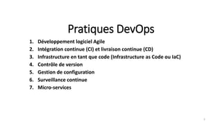 Pratiques DevOps
1. Développement logiciel Agile
2. Intégration continue (CI) et livraison continue (CD)
3. Infrastructure en tant que code (Infrastructure as Code ou IaC)
4. Contrôle de version
5. Gestion de configuration
6. Surveillance continue
7. Micro-services
3
 