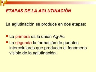 ETAPAS DE LA AGLUTINACIÒN 
La aglutinación se produce en dos etapas: 
 La primera es la unión Ag-Ac 
 La segunda la formación de puentes 
intercelulares que producen el fenómeno 
visible de la aglutinación. 
 