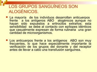 LOS GRUPOS SANGUÍNEOS SON 
ALOGÉNICOS. 
 La mayoría de los individuos desarrollan anticuerpos 
frente a los antígenos ABO alogénicos aunque no 
hayan sido expuestos a eritrocitos extraños; esta 
sensibilidad se debe al contacto con epítopes idénticos 
que casualmente expresan de forma rutinaria una gran 
cantidad de microorganismos. 
 Los anticuerpos frente a los antígenos ABO son muy 
frecuentes, lo que hace especialmente importante la 
verificación de los grupos del donante y del receptor 
antes de llevar a cabo una transfusión sanguínea. 
 