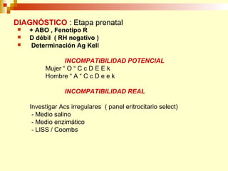 DIAGNÓSTICO : Etapa prenatal 
 + ABO , Fenotipo R 
 D débil ( RH negativo ) 
 Determinación Ag Kell 
INCOMPATIBILIDAD POTENCIAL 
Mujer “ O “ C c D E E k 
Hombre “ A “ C c D e e k 
INCOMPATIBILIDAD REAL 
Investigar Acs irregulares ( panel eritrocitario select) 
- Medio salino 
- Medio enzimático 
- LISS / Coombs 
 