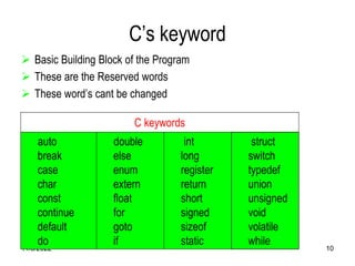 11/8/2022 10
C’s keyword
 Basic Building Block of the Program
 These are the Reserved words
 These word’s cant be changed
C keywords
auto
break
case
char
const
continue
default
do
double
else
enum
extern
float
for
goto
if
int
long
register
return
short
signed
sizeof
static
struct
switch
typedef
union
unsigned
void
volatile
while
 