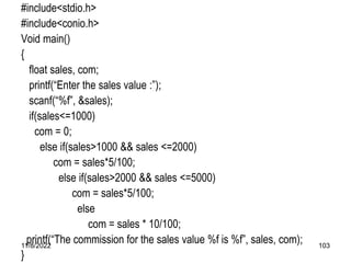 11/8/2022 103
#include<stdio.h>
#include<conio.h>
Void main()
{
float sales, com;
printf(“Enter the sales value :”);
scanf(“%f”, &sales);
if(sales<=1000)
com = 0;
else if(sales>1000 && sales <=2000)
com = sales*5/100;
else if(sales>2000 && sales <=5000)
com = sales*5/100;
else
com = sales * 10/100;
printf(“The commission for the sales value %f is %f”, sales, com);
}
 