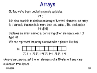 11/8/2022 148
Arrays
So far, we've been declaring simple variables
int i;
It is also possible to declare an array of Several elements. an array
is a variable that can hold more than one value , The declaration
int a[10];
declares an array, named a, consisting of ten elements, each of
type int.
We can represent the array a above with a picture like this:
•Arrays are zero-based: the ten elements of a 10-element array are
numbered from 0 to 9.
 
