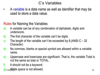 11/8/2022 15
C’s Variables
• A variable is a data name as well as identifier that may be
used to store a data value.
Rules for Naming the Variables
a) A variable can be of any combination of alphabets, digits and
underscore.
b) The first character of the variable can’t be digits.
c) The length of the variable can’t be exceeded by 8.(ANSI C – 32
Character)
d) No commas, blanks or special symbol are allowed within a variable
name.
e) Uppercase and lowercase are significant. That is, the variable Total is
not the same as total or TOTAL.
f) It should not be a keyword.
g) White space is not allowed.
 