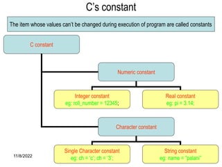 11/8/2022 18
C’s constant
C constant
Numeric constant
Character constant
Integer constant
eg: roll_number = 12345;
Real constant
eg: pi = 3.14;
Single Character constant
eg: ch = ‘c’; ch = ‘3’;
String constant
eg: name = “palani”
The item whose values can’t be changed during execution of program are called constants
 