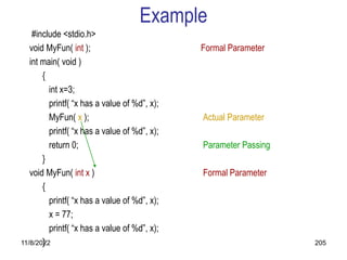 11/8/2022 205
Example
#include <stdio.h>
void MyFun( int ); Formal Parameter
int main( void )
{
int x=3;
printf( “x has a value of %d”, x);
MyFun( x ); Actual Parameter
printf( “x has a value of %d”, x);
return 0; Parameter Passing
}
void MyFun( int x ) Formal Parameter
{
printf( “x has a value of %d”, x);
x = 77;
printf( “x has a value of %d”, x);
}
 