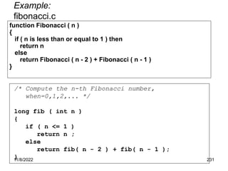11/8/2022 231
Example:
fibonacci.c
function Fibonacci ( n )
{
if ( n is less than or equal to 1 ) then
return n
else
return Fibonacci ( n - 2 ) + Fibonacci ( n - 1 )
}
/* Compute the n-th Fibonacci number,
when=0,1,2,... */
long fib ( int n )
{
if ( n <= 1 )
return n ;
else
return fib( n - 2 ) + fib( n - 1 );
}
 