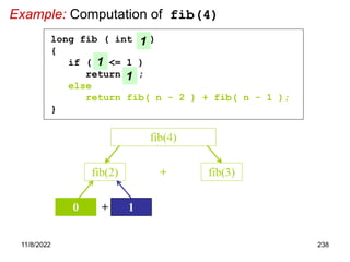 11/8/2022 238
Example: Computation of fib(4)
fib(2) fib(3)
+
fib(4)
long fib ( int n )
{
if ( n <= 1 )
return n ;
else
return fib( n - 2 ) + fib( n - 1 );
}
1
1
+ 1
0
1
 