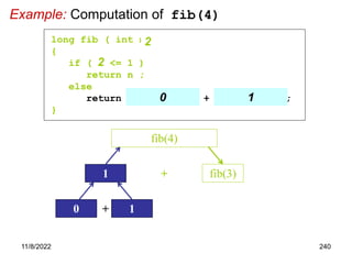 11/8/2022 240
Example: Computation of fib(4)
1 fib(3)
+
fib(4)
long fib ( int n )
{
if ( n <= 1 )
return n ;
else
return fib( n - 2 ) + fib( n - 1 );
}
2
2
0
+
0 1
2
1
 