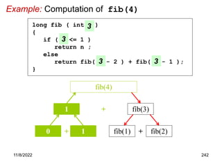 11/8/2022 242
Example: Computation of fib(4)
+ fib(3)
fib(4)
long fib ( int n )
{
if ( n <= 1 )
return n ;
else
return fib( n - 2 ) + fib( n - 1 );
}
3
3
3 3
1
+
0 1 +
fib(1) fib(2)
 