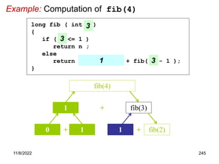 11/8/2022 245
Example: Computation of fib(4)
+ fib(3)
fib(4)
1
+
0 1 +
1 fib(2)
long fib ( int n )
{
if ( n <= 1 )
return n ;
else
return fib( n - 2 ) + fib( n - 1 );
}
3
3
3 3
1
 