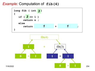 11/8/2022 254
Example: Computation of fib(4)
+ fib(3)
fib(4)
1
+
0 1 +
1 1
+
0 1
long fib ( int n )
{
if ( n <= 1 )
return n ;
else
return fib( n - 2 ) + fib( n - 1 );
}
3
3
3 3
1 1
 