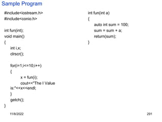 11/8/2022 291
Sample Program
#include<iostream.h>
#include<conio.h>
int fun(int);
void main()
{
int i,x;
clrscr();
for(i=1;i<=10;i++)
{
x = fun(i);
cout<<"The I Value
is:"<<x<<endl;
}
getch();
}
int fun(int a)
{
auto int sum = 100;
sum = sum + a;
return(sum);
}
 