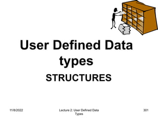 11/8/2022 Lecture 2: User Defined Data
Types
301
User Defined Data
types
STRUCTURES
 