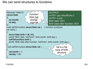 11/8/2022 329
#include <stdio.h>
struct Date
{
int month;
int day;
} ;
void callToFunction( struct Date val ); // function prototype
int main( )
{
struct Date birth = {9, 31};
printf( "Birth date: %d/%dn", birth.month, birth.day );
callToFunction( birth );
printf( "Birth date after function: %d/%dn", birth.month, birth.day );
}
void callToFunction( struct Date val )
{
val.month = 1;
val.day = 28;
}
We can send structures to functions
OUTPUT:
cs157> gcc structFunc.c
cs157> a.out
Birth date: 9/31
Birth date after function: 9/31
Function
does not
change
original!
Val is a full
copy of birth
structure
 