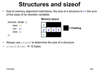 11/8/2022 338
Structures and sizeof
• Due to memory alignment restrictions, the size of a structure is >= the sum
of the sizes of its member variables
struct blah {
char x;
int y;
char z;
};
• Always use sizeof to determine the size of a structure
• sizeof(blah)  12 bytes
x
y y y y
z
= Padding
Memory layout
 
