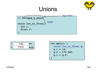 11/8/2022 346
// Declare a union
union int_or_float {
int i;
float f;
};
Unions
tag name
fields
q
175
????
i
f
int
float
int main() {
union int_or_float q;
q.i = 14;
q.f = 175.543;
q.i = q.f;
}
 