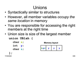 11/8/2022 348
Unions
• Syntactically similar to structures
• However, all member variables occupy the
same location in memory
• You are responsible for accessing the right
members at the right time
• Union size is size of the largest member
union UBlah {
char x;
int y;
char z;
};
x,y,z
Memory layout
y y y
 
