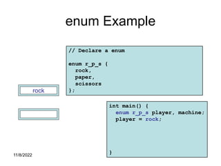 11/8/2022 354
enum Example
// Declare a enum
enum r_p_s {
rock,
paper,
scissors
};
player
rock
int main() {
enum r_p_s player, machine;
player = rock;
}
machine
 
