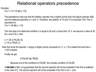 11/8/2022 51
Example:
if (x == 10 +15 && y <10)
The precedence rules say that the addition operator has a higher priority than the logical operator (&&)
and the relational operators (== and <). Therefore, the addition of 10 and 15 is executed first. This is
equivalent to:
if (x == 25 && y < 10)
The next step is to determine whether x is equal to 25 and y is less than 10, if we assume a value of 20
for x and 5 for y, then
x == 25 is FALSE (0)
y <10 is TRUE (1)
Note that since the operator < enjoys a higher priority compared to ==, y < 10 is tested first and then x
==25 is tested.
Finally we get,
if (FALSE && TRUE)
Because one of the conditions is FALSE, the complex condition is FALSE.
In the case of &&, it is guaranteed that the second operand will not be evaluated if the first is zero and
in the case of || , the second operand will not be evaluated if the first is non – zero.
Relational operators precedence
 