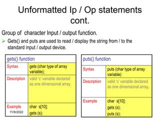 11/8/2022 70
Unformatted Ip / Op statements
cont.
gets() function
Syntax gets (char type of array
variable);
Description valid ‘c’ variable declared
as one dimensional array.
Example char s[10];
gets (s);
Group of character Input / output function.
 Gets() and puts are used to read / display the string from / to the
standard input / output device.
puts() function
Syntax puts (char type of array
variable)
Description valid ‘c’ variable declared
as one dimensional array.
Example char s[10];
gets (s);
puts (s);
 