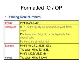 11/8/2022 78
Formatted IO / OP
• Writing Real Numbers
Syntax Printf (%w.p.f”,var1)
Description W is used to specify the minimum field width for the
output.
P is the number of digits to be displayed after the
decimal point.
f is the control string for float.
Example Printf ( “%5.2.f”,2345.567890);
The output will be $2345.56.
Printf (“%10.2e”,48.3333);
The output will be 4.8e+01
 